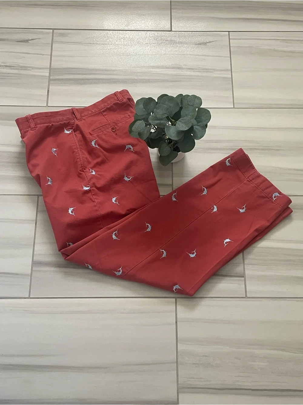 VTG J.Crew Embroidered Swordfish Marlin Chino Pants 34x32 Nantucket Red SP04